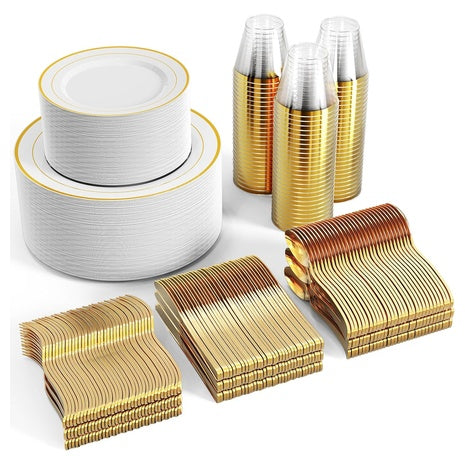 600 Piece Gold Disposable Dinnerware Set