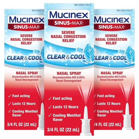 3 Mucinex Sinus-Max Cooling Menthol Nasal Spray Bottles