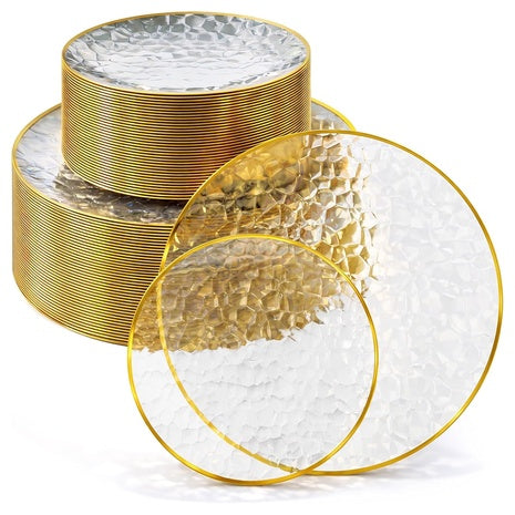 60 Or 100 Piece Elegant Hammered Clear & Gold Disposable Dinnerware Set