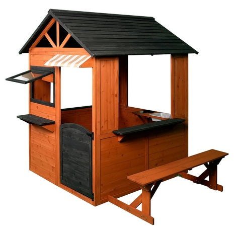 Outdoor Wooden Playhouse with Door, Windows & Side Serving Station