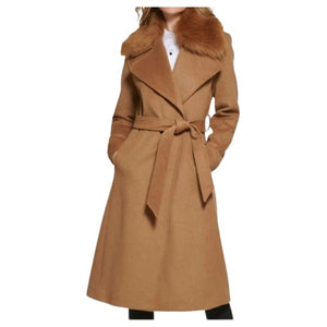 Karl Lagerfeld Paris Women's Faux Fur Trim Belted Coat