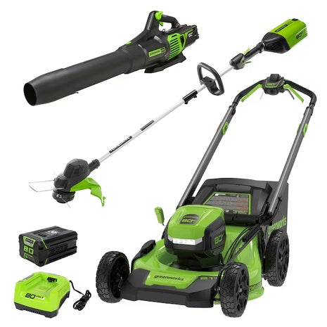 Greenworks Pro 80V Cordless Battery String Trimmer and Leaf Blower and Lawn Mower and Combo Kit