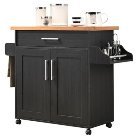 Hodedah Rolling Wood Kitchen Island Cart With Spice Rack
