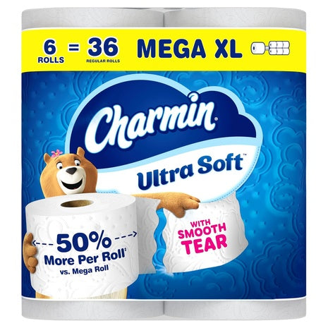 6 Mega XL Rolls (=36 Reg) Charmin Ultra Soft Toilet Paper