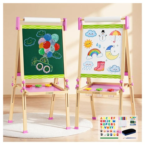 Double-Sided Magnetic Wooden Kids Easel with Paper Roll