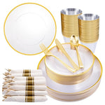 140 Piece Gold Plastic Plates Dinnerware Set With Pre Rolled Napkins