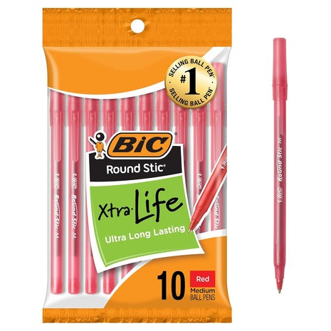 10 BIC Round Stic Xtra Life Red Ballpoint Pens