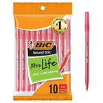 10 BIC Round Stic Xtra Life Red Ballpoint Pens