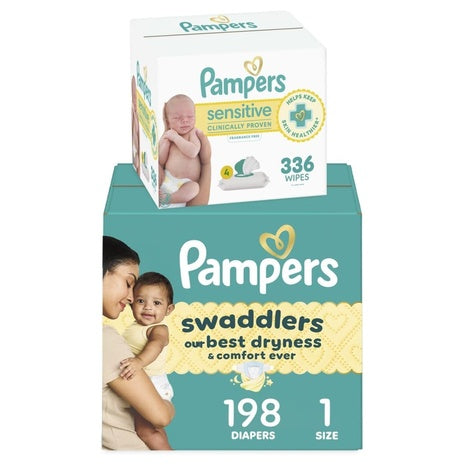 Size 1 Pampers Swaddlers, 198 Diapers + 336 Wipes