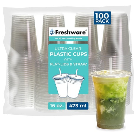 100 16oz Disposable Cups With Lids & Straws