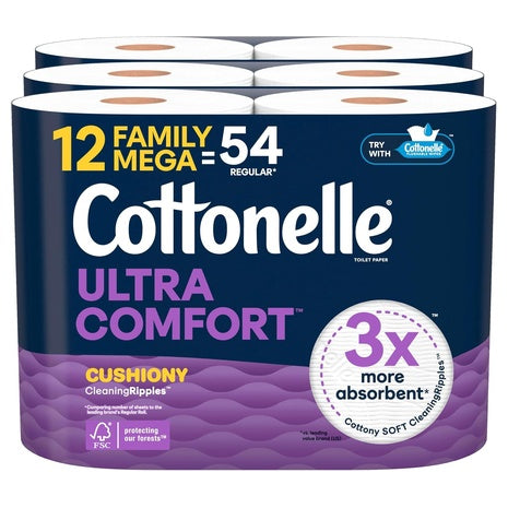 12 Family Mega Rolls (=54 Reg) Cottonelle Ultra Soft Toilet Paper