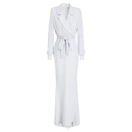 Badgley Mischka Embellished Wrap-Effect Lamé Gown