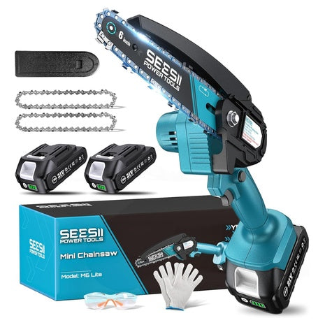 6" Seesii Mini Cordless Electric Hand Chainsaw W/ 2-Batteries & Accessories