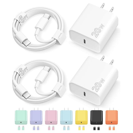2-Pack 20W USB-C Charger Block With 6Ft Cable