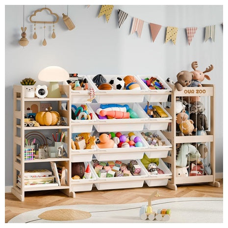 3-in-1 Kids' Pine Wood Toy Storage Organizer with Stuffed Animal Storage