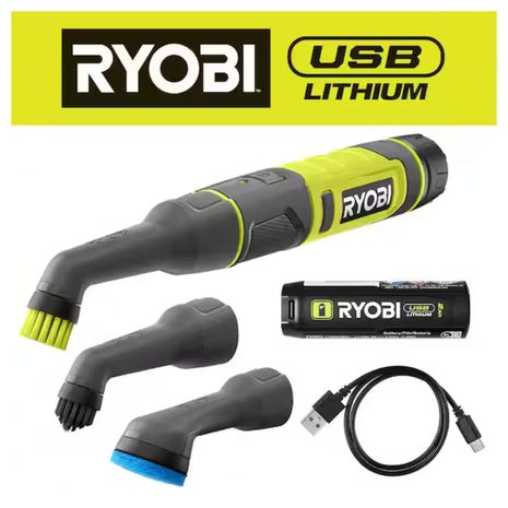RYOBI USB Lithium Cordless Compact Detail Scrubber Kit W/ 2Ah Battery & 3-Heads