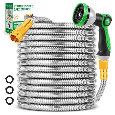 50ft Stainless Steel Metal Garden Hose With 10-Function Nozzle