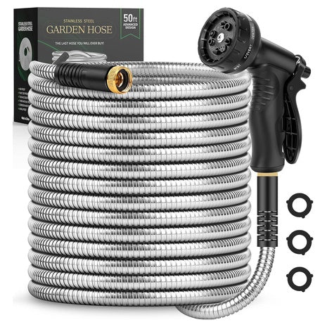 50 ft Stainless Steel Metal Garden Hose with 10-Function Spray Nozzle