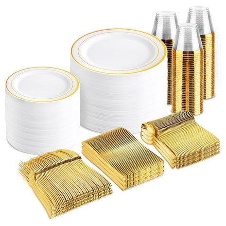 600-Piece White and Gold Plastic Dinnerware Set