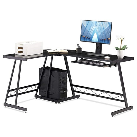 L-Shaped Computer Desk with Keyboard Tray & PC Stand