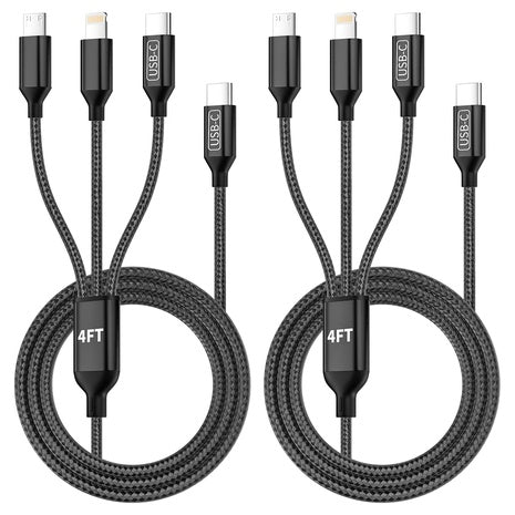 2-Pack 4' 3-in-1 USB-C/Micro USB/Lightning Nylon Braided Multi Charging Cable