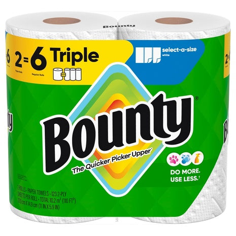 2 Triple Rolls (=6 Reg) Bounty Select-A-Size Paper Towels