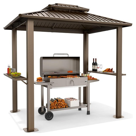 6ft X8ft Outdoor Hardtop Grill BBQ Gazebo With 2 Side Shelves & Roof