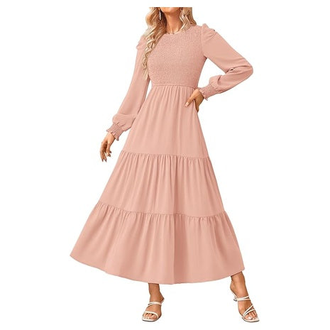 Women's Long Sleeve Smocked Maxi Dress (12 Colors)