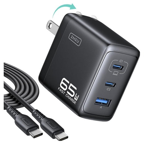65W INIU 3-Port USB-C & USB-A Wall Charger With USB-C Cable