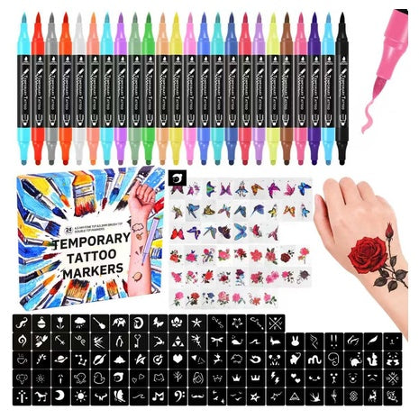 24-Count Temporary Tattoo Markers With 50 Stickers & 82 Stencils