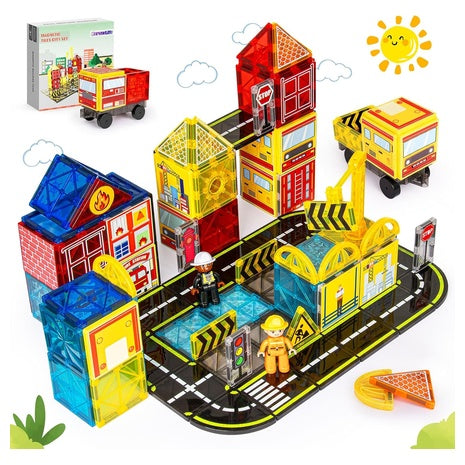 Double Sided Magnetic Tiles Road Set with Fire Trucks & 2 Dolls