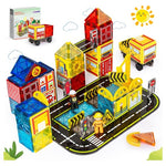 Double Sided Magnetic Tiles Road Set with Fire Trucks & 2 Dolls