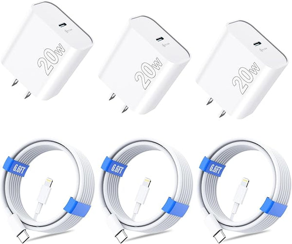 3-Pack 20W PD USB-C Wall Charger Block w/ 3-Pack 6.6ft USB-C to Lightning