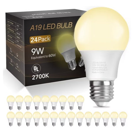 24-Pack 60W Equivalent 9W 800 Lumens A19 LED Light Bulbs