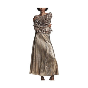 Metallic Pleated Midi Skirt