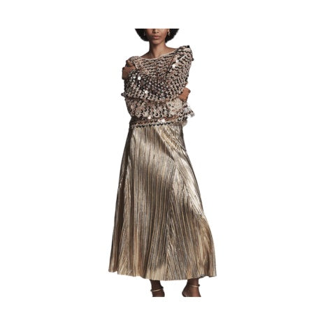 Metallic Pleated Midi Skirt