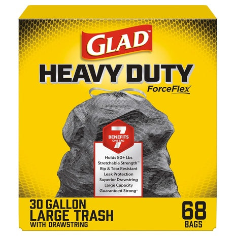 68 Glad 30 Gallon ForceFlex Heavy Duty Large Drawstring Trash Bags, Black, Unscented