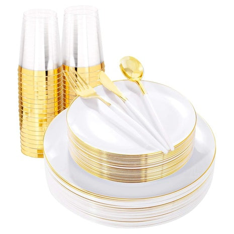 180-Piece White & Gold Disposable Dinnerware Set
