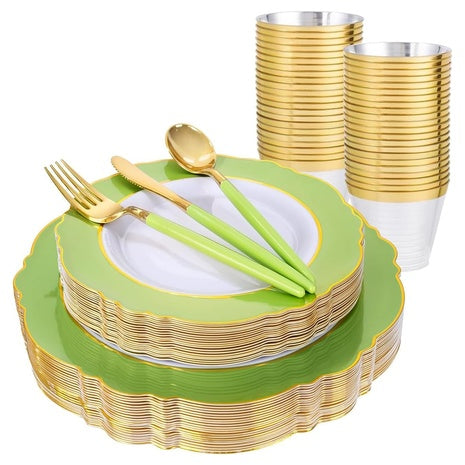 150-Piece Green & Gold Plastic Dinnerware Set