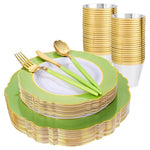 150-Piece Green & Gold Plastic Dinnerware Set