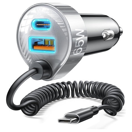 LISEN 65W Dual-Port Car Charger W/ 48" 30W USB-C Coiled Cable