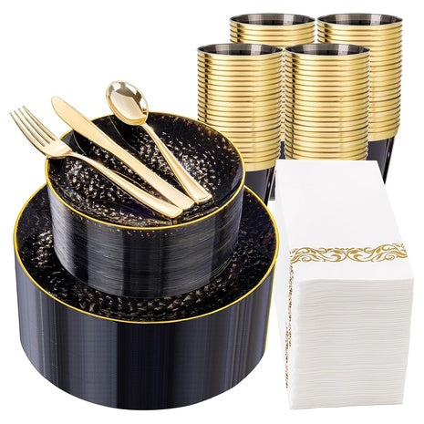 350 Piece Black and Gold Plastic Dinnerware Set