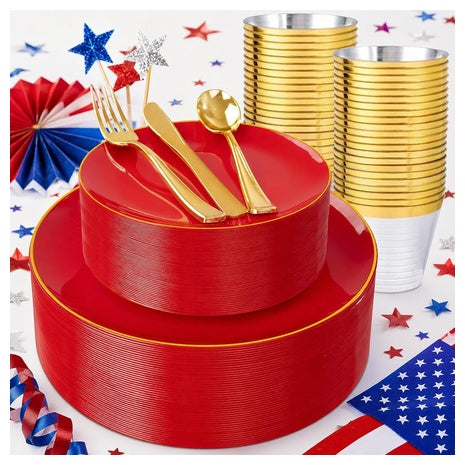 150-Piece Red Plastic Plates Dinnerware Set