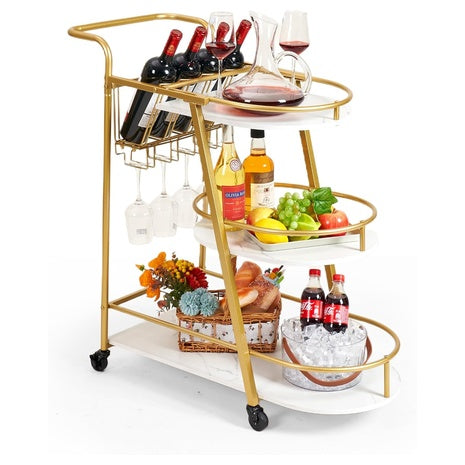 3-Tier Gold Bar Cart with Wine Rack & Glass Holders