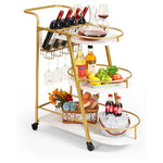 3-Tier Gold Bar Cart with Wine Rack & Glass Holders