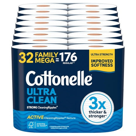 32-Pack Cottonelle Toilet Paper Family Mega Rolls (Ultra Clean Or Ultra Soft)