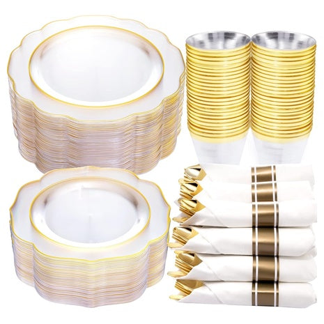 350-Piece Gold Disposable Dinnerware Set with Pre-Rolled Napkins