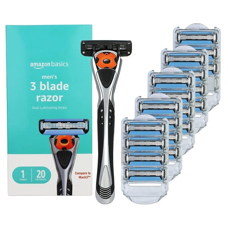 Amazon Basics Men's 3-Blade Motion Sphere Razor Handle  w/ Dual Lubrication & 20 Cartridges