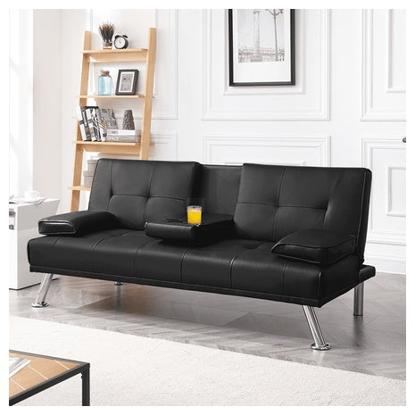 Faux Leather Futon With Cupholders and Pillows