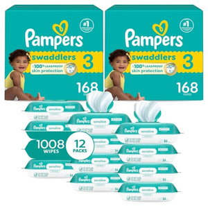 (Sizes 3-7) 2 Month Supply of Pampers Swaddlers Diapers with 1008 Baby Wipes